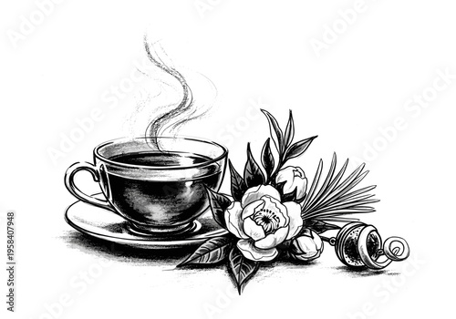 Steaming cup of coffee with delicate floral arrangement and tea infuser