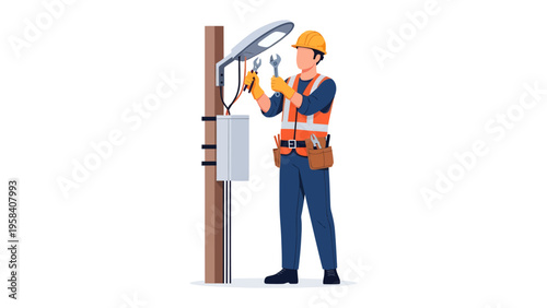 Electrician at Work: A skilled electrician diligently works on a lamppost, showcasing expertise and dedication in maintaining essential infrastructure. 