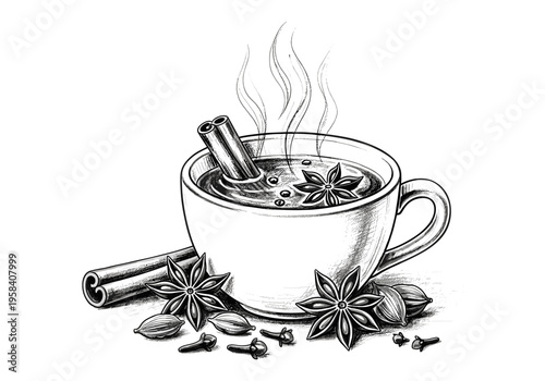 Warm cup of spiced tea with cinnamon and star anise illustration