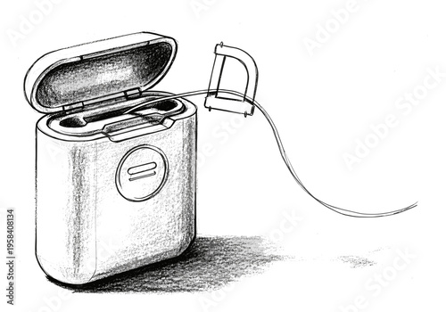 Sketch of an open dental floss dispenser with floss extending out