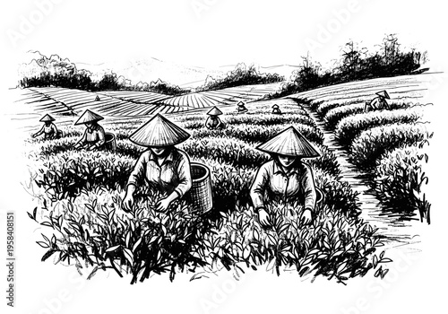 Farmers harvesting tea leaves in a lush plantation, wearing traditional conical hats