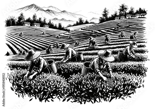 Workers harvesting tea leaves on a terraced hillside with mountains in the background