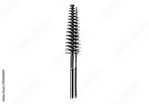 Close-up of a black mascara wand with a spiral brush head on a white background