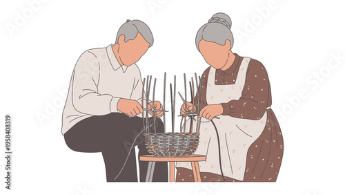 Crafting Heritage: A seasoned duo meticulously weaves a basket, their hands moving with the grace of practiced artisans, preserving a timeless tradition of skillful craftsmanship.