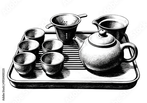 Traditional tea ceremony set with teapot, cups, and strainer on a tray