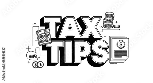 Tax Tips Concept Typography and Financial Icons Illustration