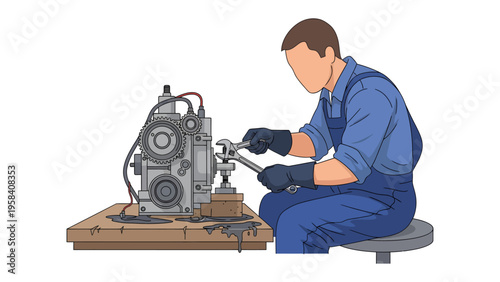 Precision in Engineering: A skilled mechanic meticulously repairs an engine. He uses tools with expert precision and dedication.
