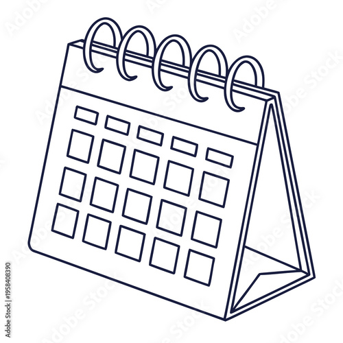 Professional blue line art isometric desk calendar icon with clean spiral binding and grid layout for corporate scheduling and project management