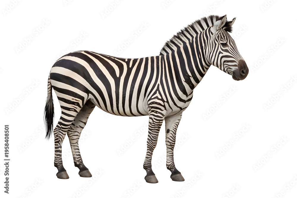 Obraz premium Zebra Standing Isolated on White Background, African Wild Animal with Stripes