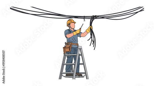 Wiring the Future: An electrician meticulously works on overhead cables, demonstrating precision and expertise in ensuring seamless power distribution.