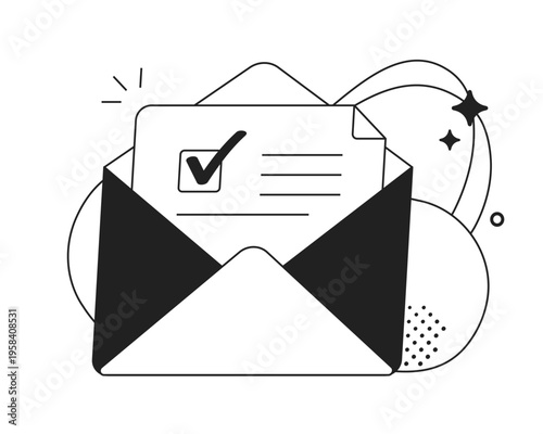 Email vote poll survey feedback envelope, survey digital virtual internet web mail newsletter modern graphic illustration black white design, postal document message check mark image clip art
