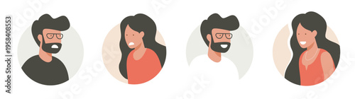 User account profile avatar icon vector with man woman face emotion sad happy modern drawn doodle graphic illustration set, male female female characters persons people satisfaction review feedback
