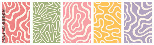 Abstract backgrounds set. Twisted continuous lines curved wiggling stripes waves. Liquid retro groovy hippie patterns collection. Doodle uneven hand drawn wavy organic winding lines	