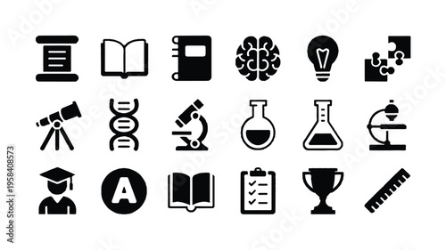 education learning icons set with books and science tools