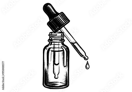 Hand drawn illustration of a glass dropper bottle with liquid dripping from the pipette