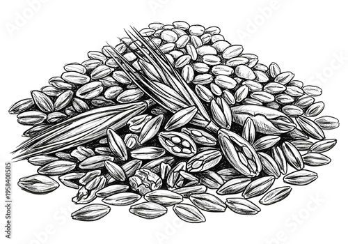 Detailed illustration of assorted grains and wheat stalks in a pile