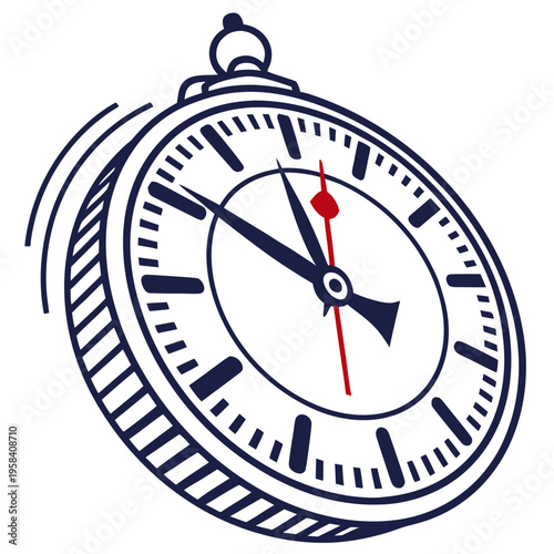 Pocket watch with blue hands and red second hand showing time and indicating urgency isolated on white background