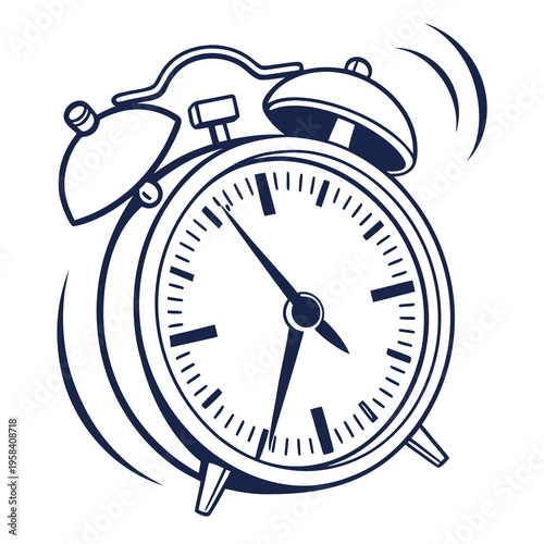 Alarm clock with two bells and ringing waves indicating wake up time or urgency isolated on white background