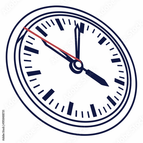 Clock with blue hands and red second hand showing five minutes to twelve isolated on white background depicting urgency