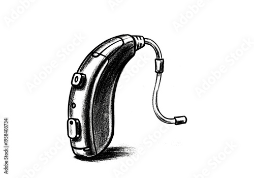 Detailed illustration of a modern behind-the-ear hearing aid device