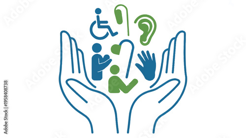 hand holding various disability and accessibility icons  symbolizing care and support