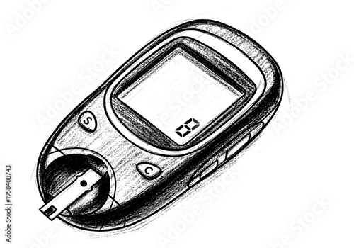 Hand-drawn sketch of a digital glucose meter with a test strip inserted