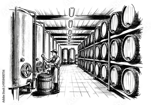 Brewery worker checking gauges near fermentation tanks and aging barrels