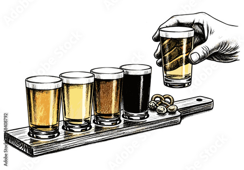 Hand selecting a beer from a tasting flight with pretzels and nuts