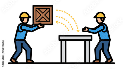 Warehouse Operations: Two workers engaging in a coordinated hand-off of a wooden crate, emphasizing the efficiency and teamwork required in warehouse logistics and supply chain management.