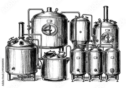 Intricate illustration of a complex industrial brewing system with multiple tanks and pipes