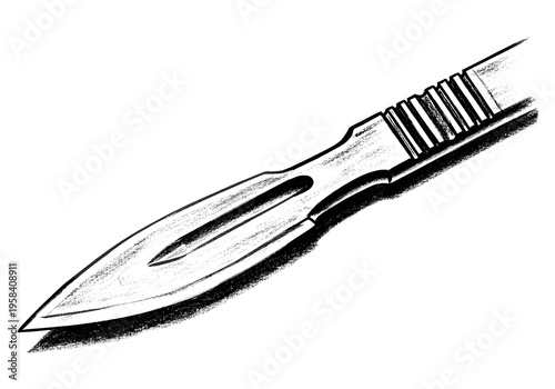 Sharp surgical scalpel blade with a pointed tip and textured handle