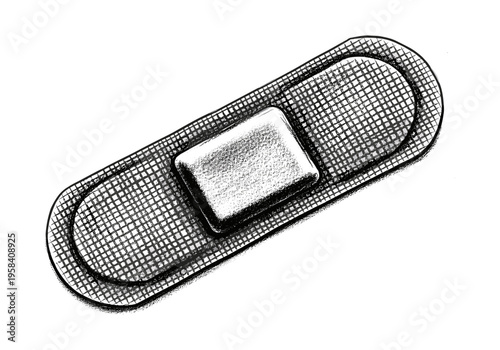 Close-up black and white illustration of a single adhesive bandage on a white background