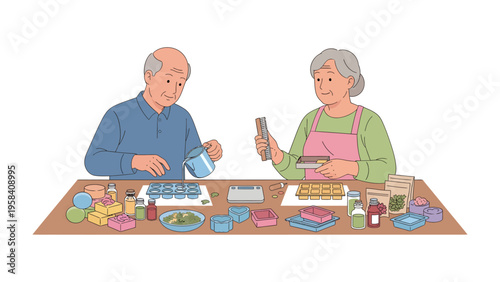 Handmade Crafting Harmony: Elderly couple carefully working on making handmade soaps and enjoying the serene process in their home.