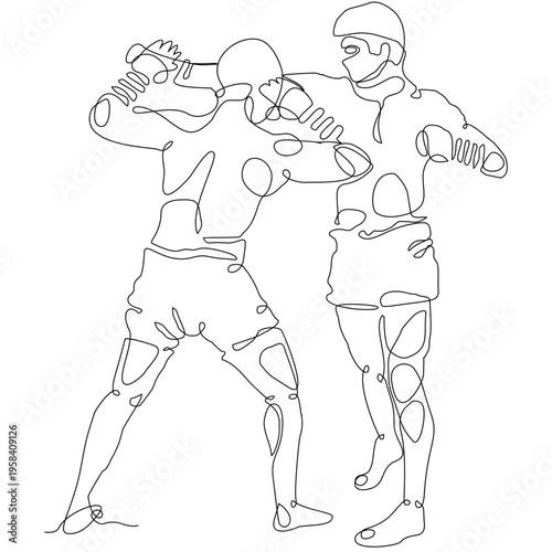 Continuous line art of Muay Thai fighters performing a powerful kick technique. Minimal vector style expressing motion and strength, ideal for prints, textiles, backgrounds, and modern design.