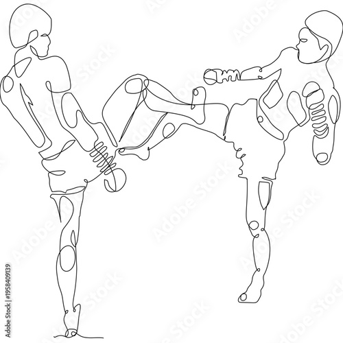 Continuous line art of Muay Thai fighters performing a powerful kick technique. Minimal vector style expressing motion and strength, ideal for prints, textiles, backgrounds, and modern design.