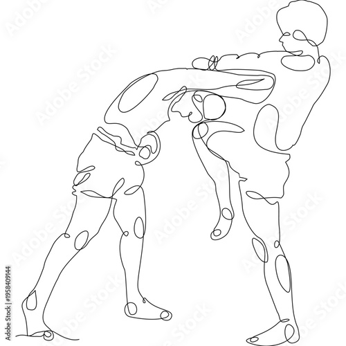 Continuous line art of Muay Thai fighters performing a powerful kick technique. Minimal vector style expressing motion and strength, ideal for prints, textiles, backgrounds, and modern design.