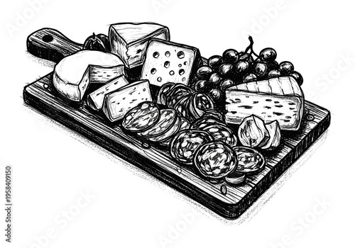 Artistic sketch of a charcuterie board with cheese, salami, and grapes