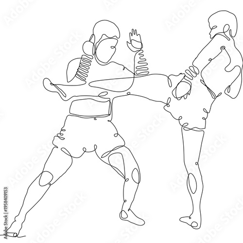 Continuous line art of Muay Thai fighters performing a powerful kick technique. Minimal vector style expressing motion and strength, ideal for prints, textiles, backgrounds, and modern design.