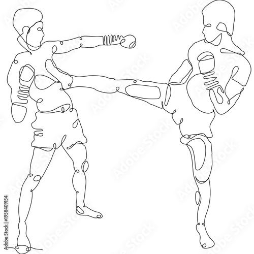 Continuous line art of Muay Thai fighters performing a powerful kick technique. Minimal vector style expressing motion and strength, ideal for prints, textiles, backgrounds, and modern design.