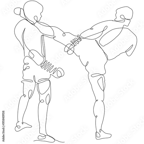Continuous line art of Muay Thai fighters performing a powerful kick technique. Minimal vector style expressing motion and strength, ideal for prints, textiles, backgrounds, and modern design.