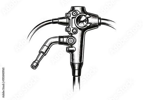Detailed illustration of a medical endoscope handle with tubes and controls