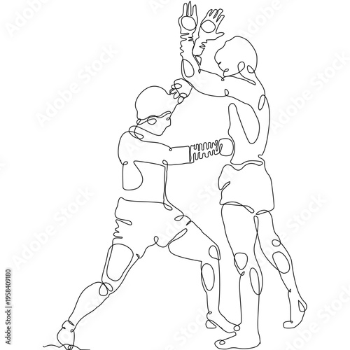 Continuous line art of Muay Thai fighters performing a powerful kick technique. Minimal vector style expressing motion and strength, ideal for prints, textiles, backgrounds, and modern design.