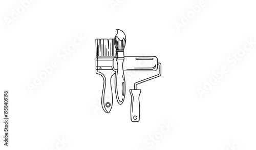 Painter applicator tools line art roller and brush vector illustration