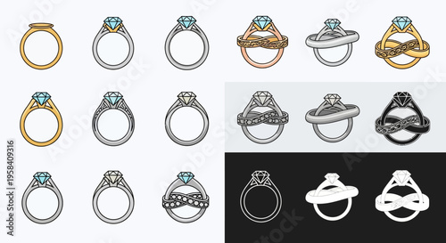 Collection of elegant diamond engagement rings in various metal types and intricate designs, showcasing wedding band styles
