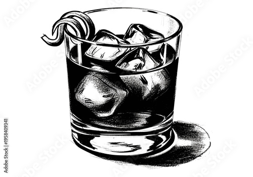 Classic cocktail with ice and citrus peel in a rocks glass