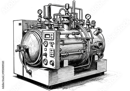 Industrial vacuum chamber with gauges and control panel, detailed sketch
