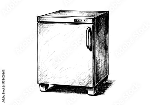 Sketch of a compact refrigerator with a digital display and handle