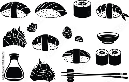 Collection of Various Sushi Dishes and Accompaniments Illustrated in a Black and White Vector Graphic Style