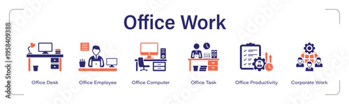 Office Work web banner icon set. vector illustration concept with icon of Office Desk, Office Employee, Office Computer, Office Task, Office Productivity, Corporate Work.