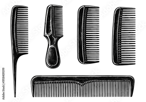 Collection of black hair combs for styling and grooming on a white background